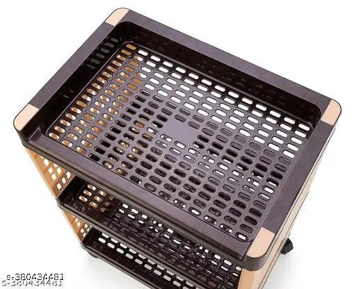 Brown & cream plastic 5-layer kitchen and office organizer rack with wheels, ideal for storage in both home and office spaces