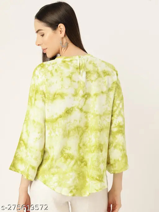 Green off-white rayon top, dyed/washed net pattern, three-quarter sleeves, round neckline, India origin