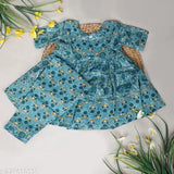 Blue floral printed pure cotton Patiyala set for baby girls, anarkali palazzos with three-quarter sleeves. Soft and comfortable, perfect for a charming party look. Made by Spack Jerrow, available in sizes from 12-18 months to 5-6 years. Origin: India