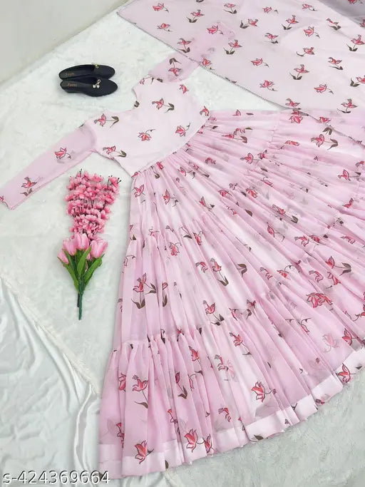 Georgette print maxi gown with dupatta, women's fashionable designer outfit, three-quarter sleeves, India origin