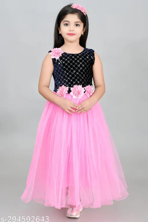 Embellished net long frock for girls, sleeveless & comfortable, perfect for birthdays & celebrations, made in India
