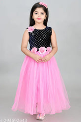Embellished net long frock for girls, sleeveless & comfortable, perfect for birthdays & celebrations, made in India