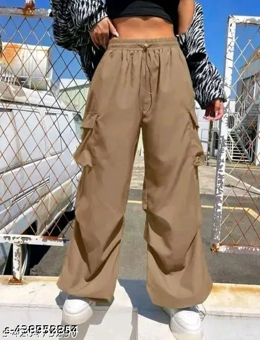 Polyester cargo pants, trendy style for women & girls, solid color