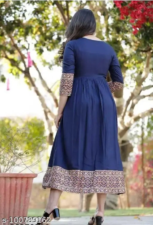 Navy Blue Rayon Three-Quarter Sleeve Anarkali Kurti with border print, India origin