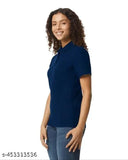 Navy blue women's pique polo, soft ring-spun cotton, short sleeves, solid pattern, supportive of Better Cotton