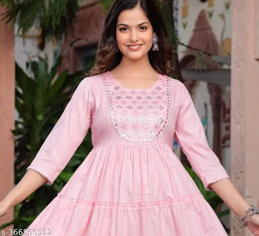 Grey rayon Anarkali Kurti with Aari embroidery, three-quarter sleeves, flared fit, and tiered design - perfect for parties and festive occasions
