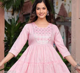 Grey rayon Anarkali Kurti with Aari embroidery, three-quarter sleeves, flared fit, and tiered design - perfect for parties and festive occasions