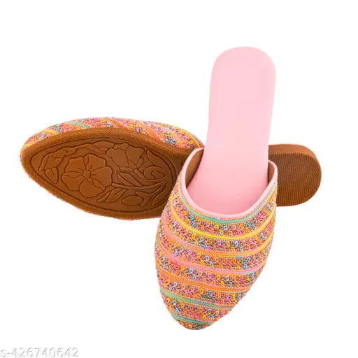 Synthetic leather women's mojari sleeper, stylish bellies' latest design in solid pattern, slip-on footwear for sizes IND-4 to IND-9. Made in India