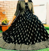 Black rayon anarkali set: printed kurta & jacket with three-quarter sleeves, Indian fashion on mannequin