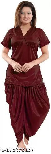 Silk satin Patiala top & pyjama set, women's nightwear suit, India-made, above-knee length