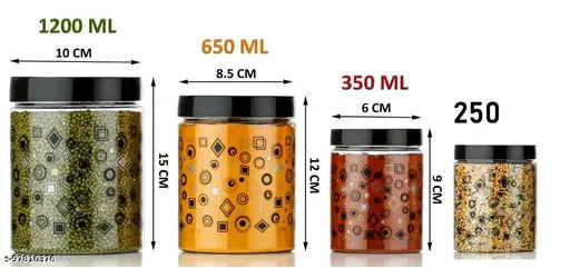 Premium printed plastic storage containers: 1200ml, 650ml, 350ml, 250ml; ideal for dry foods, spices, and pantry organization; BPA-free, airtight, keeps contents fresh