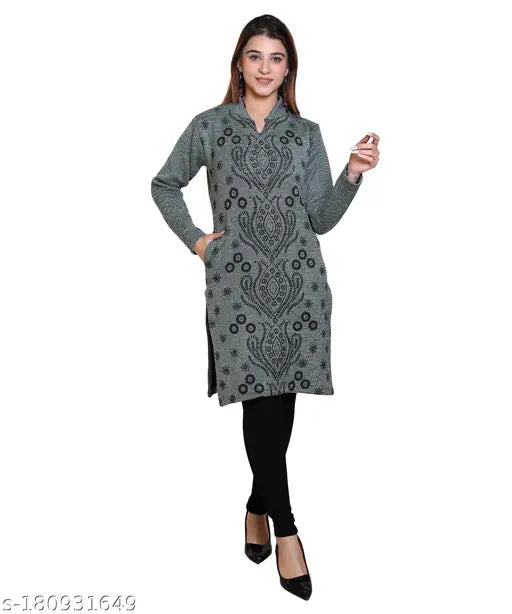 Woolen Dripfit Kurta for Women, printed full-sleeved winter wear in free size (18in bust, 36in length)
