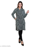 Woolen Dripfit Kurta for Women, printed full-sleeved winter wear in free size (18in bust, 36in length)