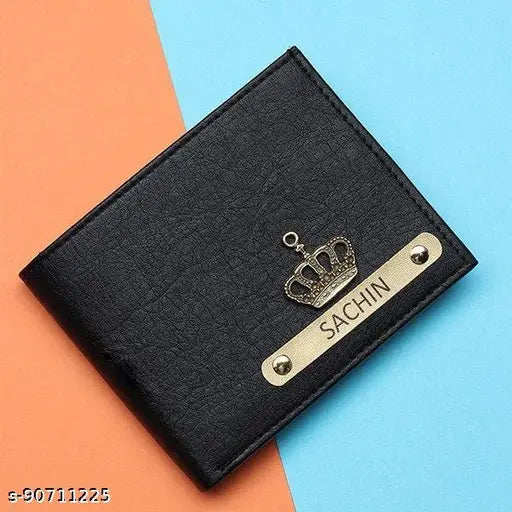 Trendy men's black customized name wallet, faux leather/leatherette, 5 compartments, solid design, free size (L:10cm, W:10cm), personalize with WhatsApp on Gillkart