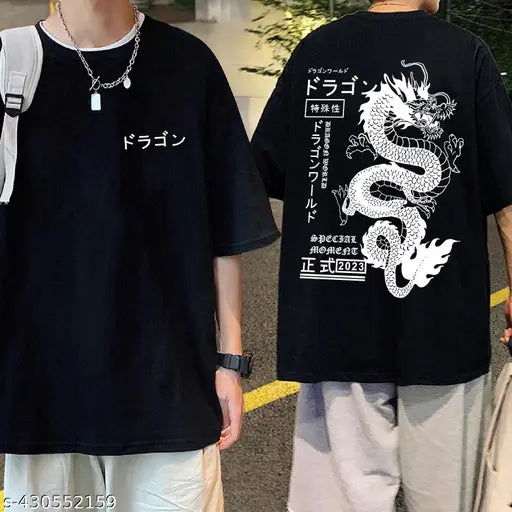 Black cotton graphic printed oversized half sleeve dragon t-shirt for men, anime-inspired fashion