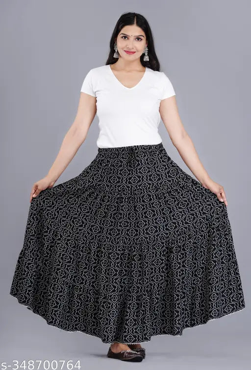 Black printed rayon long skirt for women with a net pattern, free size (waist 25in, length 40in), made in India