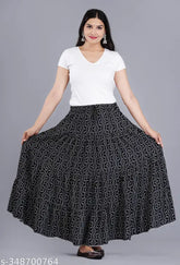 Black printed rayon long skirt for women with size options and free size available