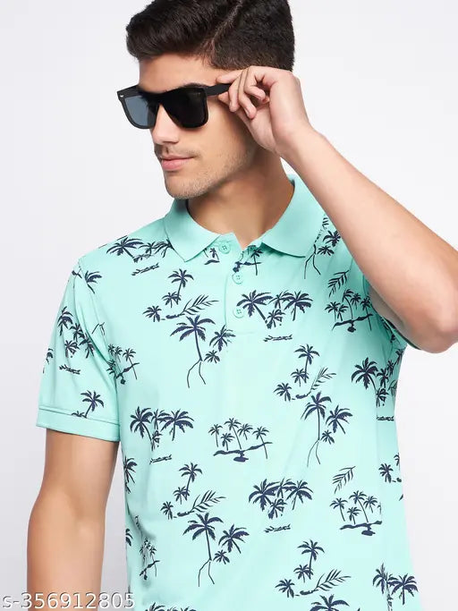 Men's aqua cotton blend polo neck t-shirt with printed pattern, short sleeves, regular fit. Made in India." (124 characters)