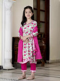 Attractive classic rayon kids' set, A-line palazzos with printed top and dupatta featuring gota patti work. Available in sizes: 5-6 Years, 7-8 Years, 9-10 Years, 11-12 Years, 13-14 Years. Origin: India