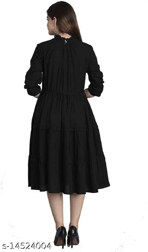 Stylish rayon flared highneck dress, solid fashionable women's attire for trendy occasions (XS, S, L, XL, XXL)