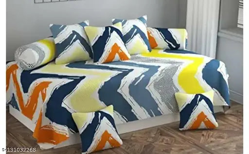 Navya Home Decor, yellow floral print cotton Deewan set with single bed sheet, five cushion covers, and two bolster covers - ideal for adult weddings, Indian origin, 60x90 inches bedsheet, 16x32 inches bloster, 16x16 inches cushions