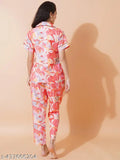 Fbella Women's cotton blend abstract printed night suit set, Indian ethnic style with lapel collar shirt and pocketed pants