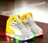 Lightweight yellow-grey synthetic leather waterproof LED light shoes for kids - Durable, breathable, trending walking shoes for active play and casual wear, suitable for ages 12 months to 10 years, Indian origin