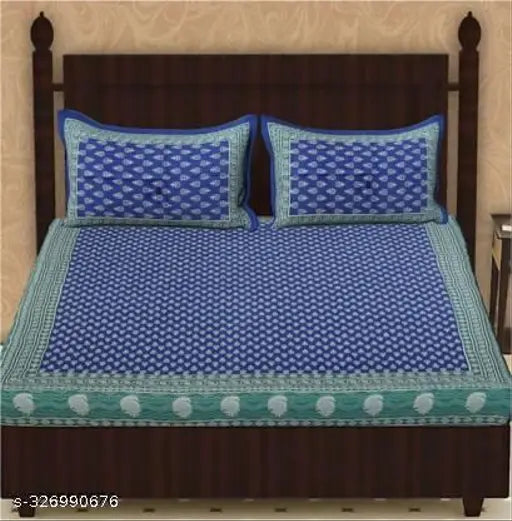 Designer Jaipuri printed cotton bedsheet & 2 pillow covers, ethnically patterned for summer adult use, made in India