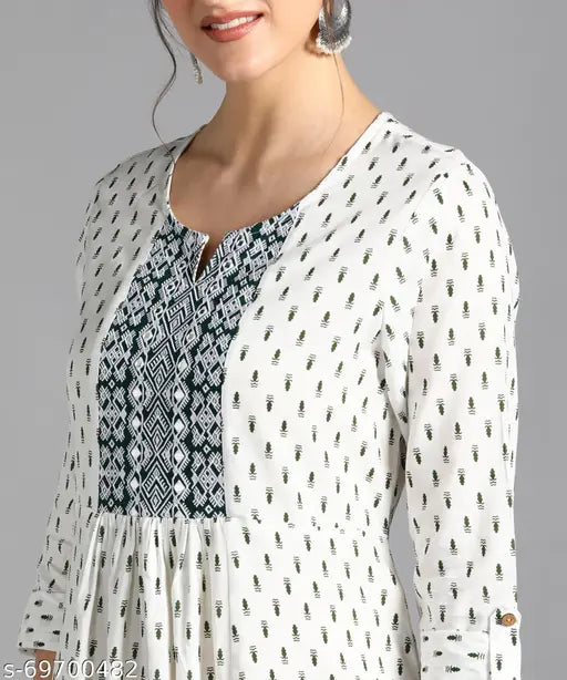 Rayon printed embellished kurta, three-quarter sleeves, vibrant Indian festive wear for women