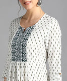 Rayon printed embellished kurta, three-quarter sleeves, vibrant Indian festive wear for women