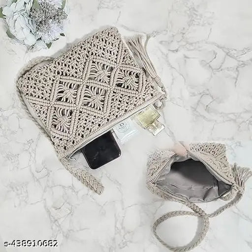 Hand-woven cotton thread boho purse with tassel, perfect size for summer beach essentials