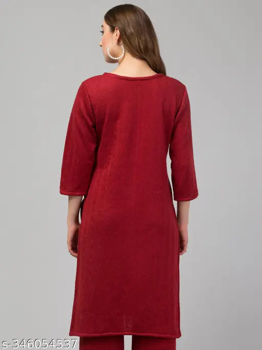 Maroon embellished woolen kurti for women/girls, embroidered design with lace detailing on round neck