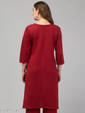 Maroon embellished woolen kurti for women/girls, embroidered design with lace detailing on round neck