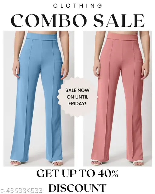 High-waisted cotton blend bell-bottom pants combo (2 pack) - Solid, stylish, side split flare pants for women in sizes S to XXL