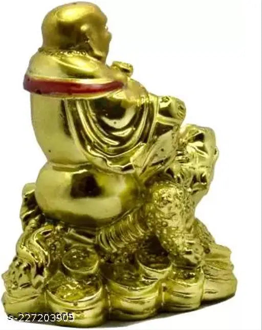Gold-plated laughing Buddha figurine on frog, handcrafted Vastu showpiece - 7cm (Yellow gold polyresin)