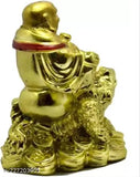 Gold-plated laughing Buddha figurine on frog, handcrafted Vastu showpiece - 7cm (Yellow gold polyresin)
