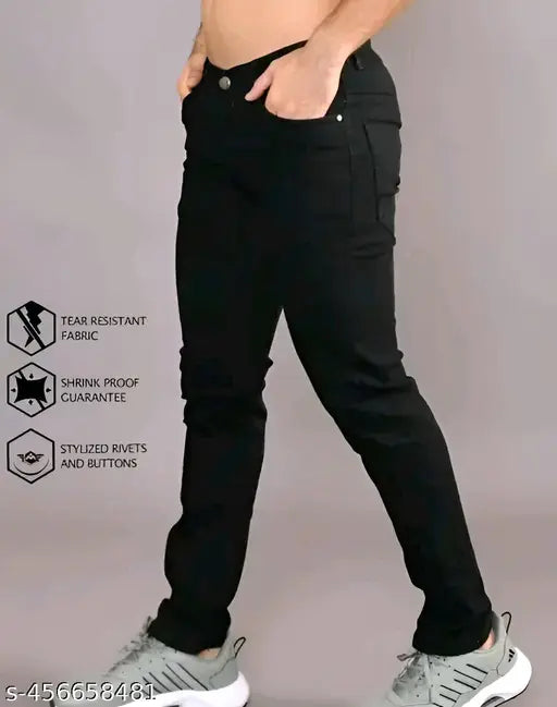 Black denim jeans, solid pattern, men's or unisex sizing from 28-36 inches (made in India)