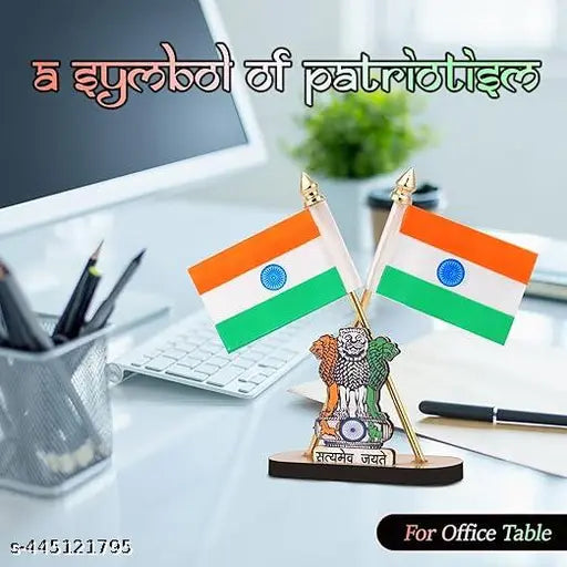 Flag Satyamev Jayate symbol stand, Indian National Flag, 3in. x 2in., plastic-plated desk/car decor