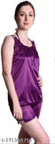 Purple satin women's tank top & shorts set, sleeveless, solid pattern, Made in India