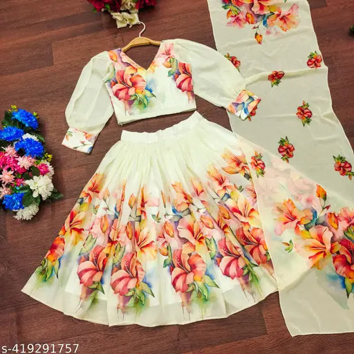 Embellished Georgette & Nylon Lehenga Choli for Kids, Paisley pattern, short sleeves, India