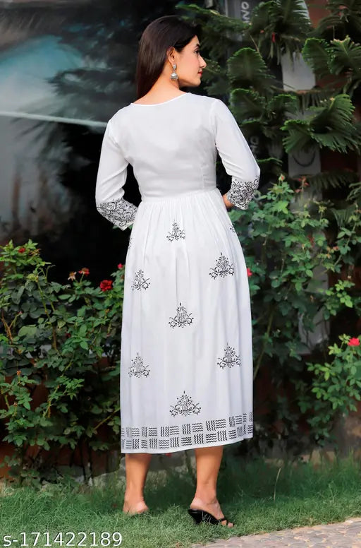 Rayon three-quarter sleeve Anarkali kurti with embroidered hand block print detail, Indian women's fashion