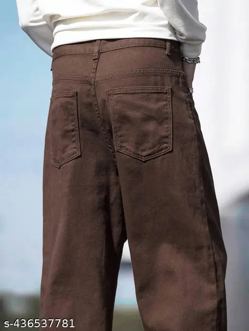 Mens cotton baggy brown trousers, solid pattern, waist size 29in, length size 38in, hip size 35in (India origin)