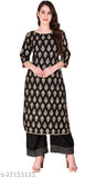 Golden printed black kurta palazzo set for women, cotton blend with three-quarter sleeves on mannequin