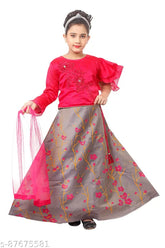 Red art silk and net Kids Ghagra Lehenga Choli, floral embroidery with cotton lining, perfect occasion wear