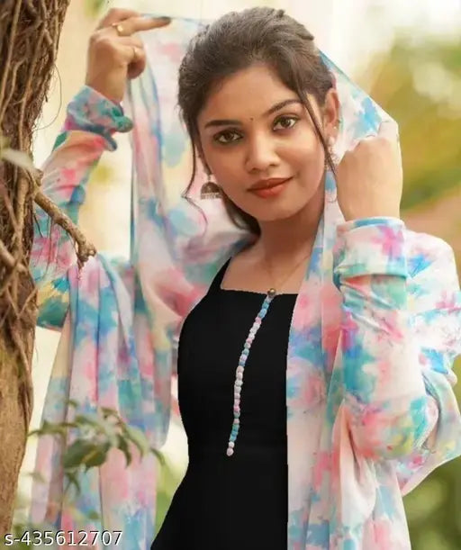 Black georgette gown with long sleeves, printed combo, dupatta included. Pastel shades, Fox Georgette print, full sleeve, western style. Made in India