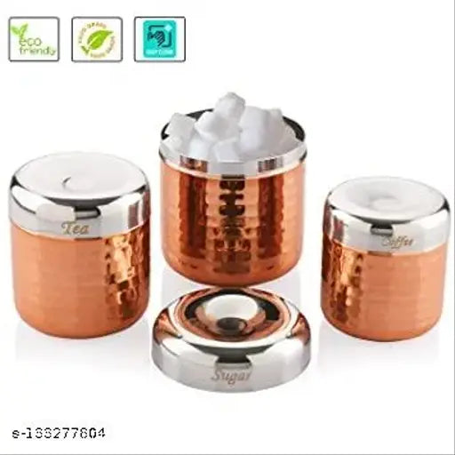 Premium copper jar set of 3 for tea, sugar, coffee – stainless steel, airtight, cylindrical containers for dry fruits & masala – India