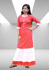 Printed cotton blend A-line skirt set with three-quarter sleeves, vibrant multiple colors, trendy and graceful for girls aged 7-14 years. Made in India