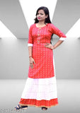 Printed cotton blend A-line skirt set with three-quarter sleeves, vibrant multiple colors, knee length | Trendy designer boutique girls clothing set, size 7-14 years, India origin