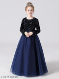Long-sleeved net kids dress, solid pattern for formal wear, exquisite embroidery by Gulnaz Fashion. India