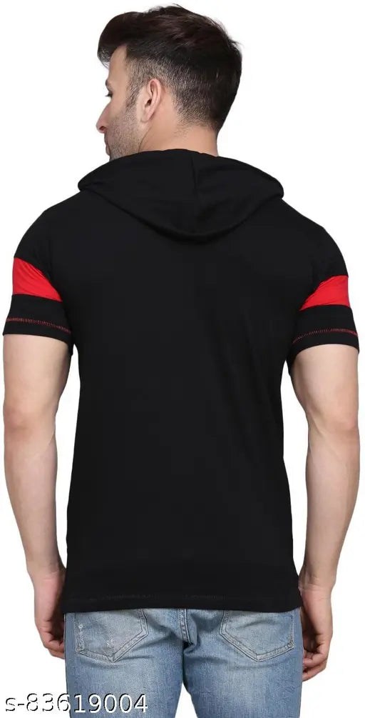 Cotton blend printed men's t-shirt by SLOWLORIS, features hoodie and short sleeves, rich biowashed design for trendy appeal, size M, made in India